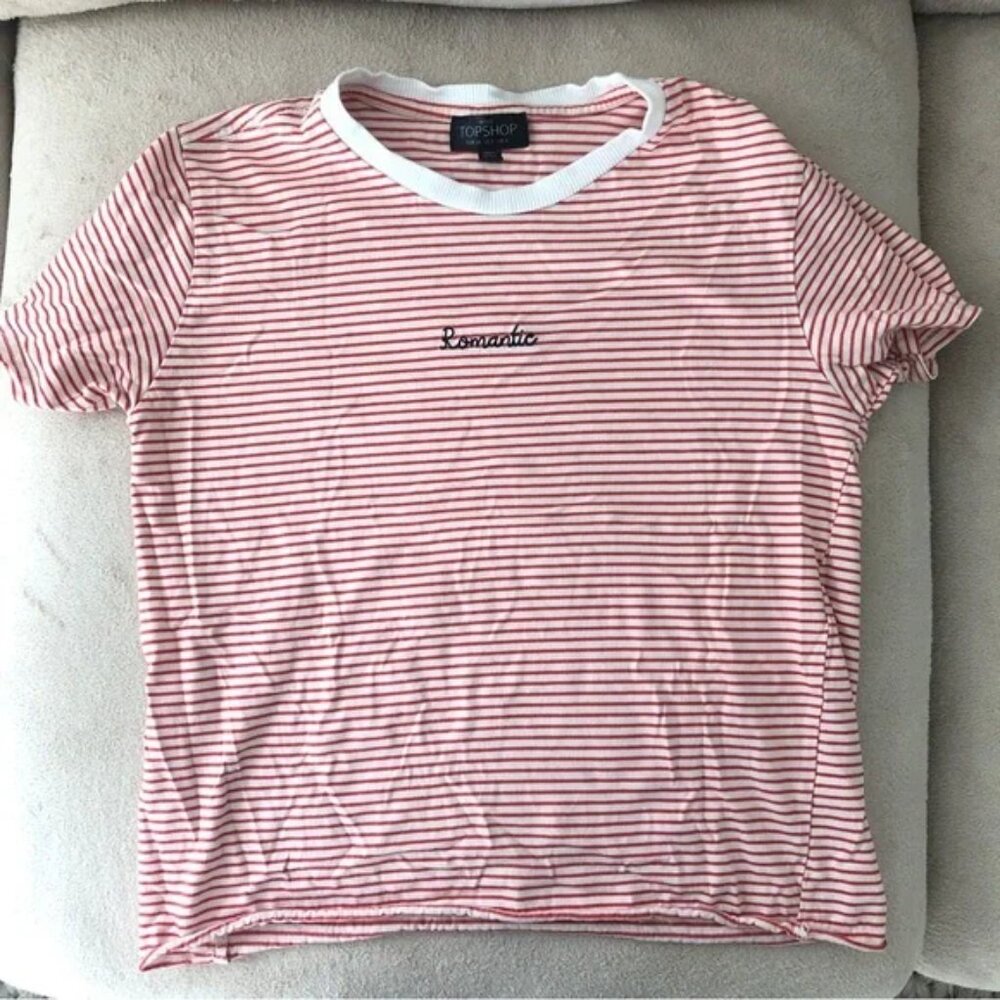 Topshop T Shirt Red White Stripe Short Sleeve Crew Neck Embroidered Size 2P